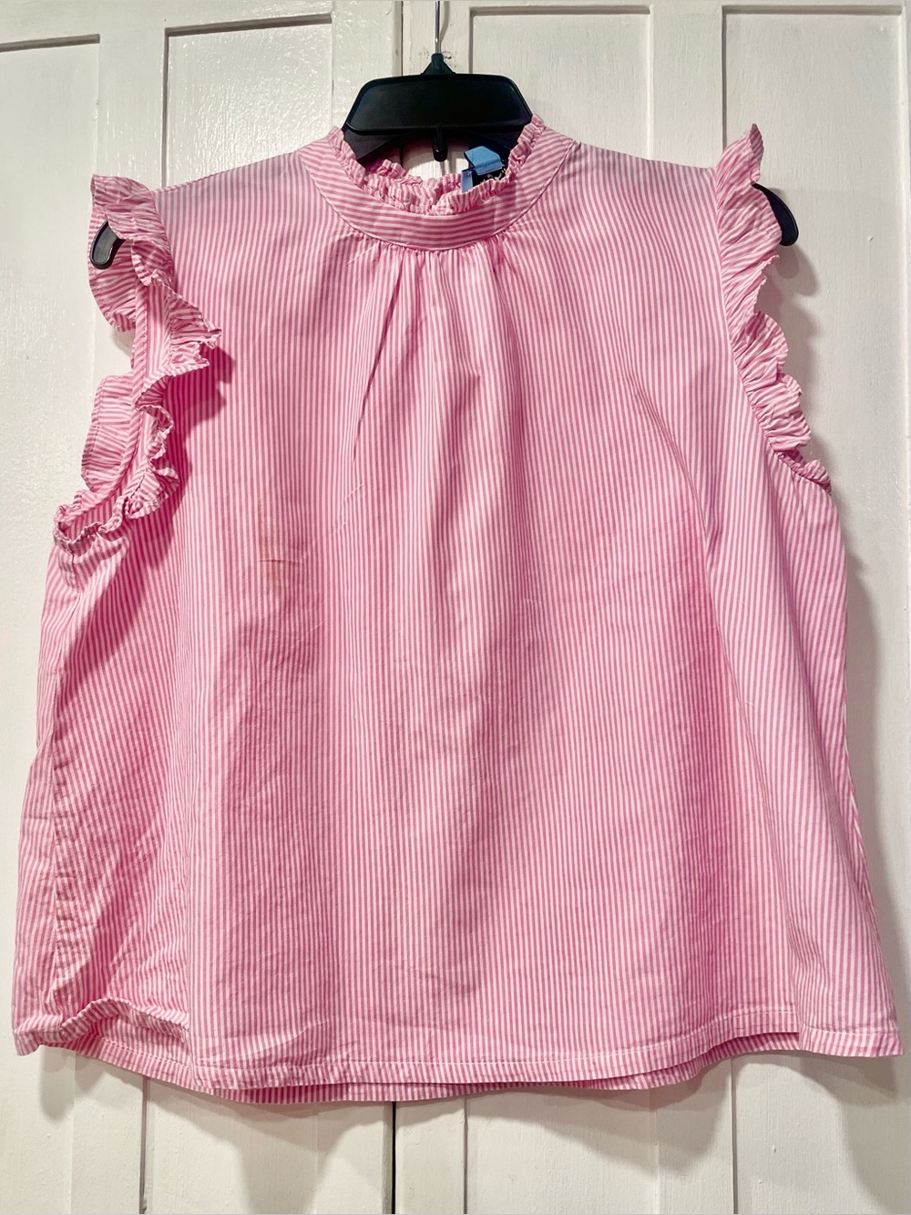 CeCe Pink White Striped Ruffle Sleeve 100% Cotton Top L